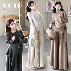 秋冬新品~爆款孕妇不规则套头上衣阔腿裙裤毛衣套装