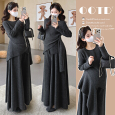 秋冬新品~爆款孕妇不规则套头上衣阔腿裙裤毛衣套装