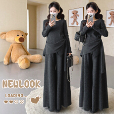 秋冬新品~爆款孕妇不规则套头上衣阔腿裙裤毛衣套装