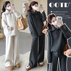 批发实拍秋冬新品~孕妇秋冬加厚大翻领系扣套头毛衣阔腿裤休闲套装