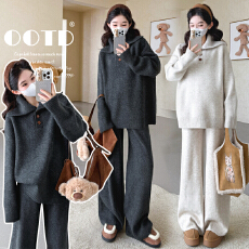 批发实拍秋冬新品~孕妇秋冬加厚大翻领系扣套头毛衣阔腿裤休闲套装