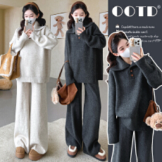 批发实拍秋冬新品~孕妇秋冬加厚大翻领系扣套头毛衣阔腿裤休闲套装