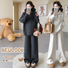 批发实拍秋冬新品~孕妇秋冬加厚大翻领系扣套头毛衣阔腿裤休闲套装