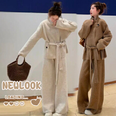 批发实拍秋冬新品孕妇立领腰带款设计感阔腿裤针织毛衣宽松套装