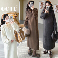 批发孕妇秋冬麻花毛衣连衣裙半高开扣翻领直筒针织孕期连衣裙