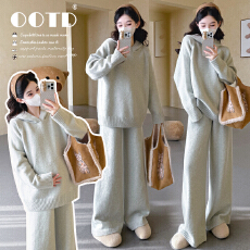 批发秋冬新品~孕妇秋冬软糯时尚毛衣<b class='q'>休闲</b>款连帽阔腿裤时尚套装