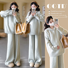 批发秋冬新品~孕妇秋冬软糯时尚毛衣<b class='q'>休闲</b>款连帽阔腿裤时尚套装