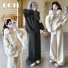 批发秋<b class='q'>冬</b>新款~孕妇加厚坑条拉链连帽毛领毛衣休闲时尚阔腿裤宽松套装