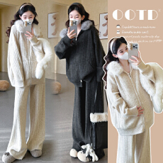 批发秋<b class='q'>冬</b>新款~孕妇加厚坑条拉链连帽毛领毛衣休闲时尚阔腿裤宽松套装