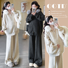 批发秋<b class='q'>冬</b>新款~孕妇加厚坑条拉链连帽毛领毛衣休闲时尚阔腿裤宽松套装