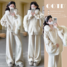 批发秋<b class='q'>冬</b>新款~孕妇加厚坑条拉链连帽毛领毛衣休闲时尚阔腿裤宽松套装