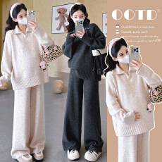 批发实拍秋冬新品~孕妇<b class='q'>秋</b>冬加厚翻领v领钉珠套头毛衣阔腿<b class='q'>裤</b><b class='q'>休闲</b>套<b class='q'>装</b>