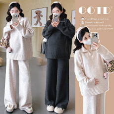 批发实拍秋冬新品~孕妇<b class='q'>秋</b>冬加厚翻领v领钉珠套头毛衣阔腿<b class='q'>裤</b><b class='q'>休闲</b>套<b class='q'>装</b>