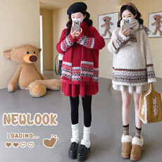 批发费尔岛风红色提花毛衣套装女秋冬复古慵懒风圆领针织衫送围巾套装