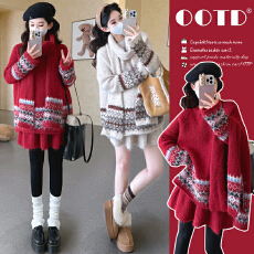 批发费尔岛风红色提花毛衣套装女秋冬复古慵懒风圆领针织衫送围巾套装