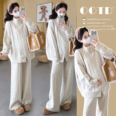 实拍孕妇秋冬新品拉链立领拉链毛衣休闲阔腿裤宽松软糯亲肤套装