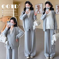 批发实拍新款2026春季新孕妇假两件开扣针织毛衣慵懒气质时尚宽松套装