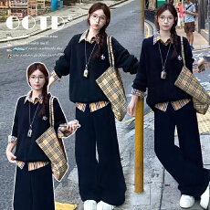 2026春季新品孕妇休闲宽松时尚减龄拼接复古衬衫POLO衫卫衣套装