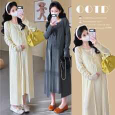 批发实拍2026<b class='q'>春</b>季新款假两件圆领针织设计感系带坑条减龄遮肚连衣裙