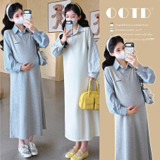 批发实拍2026春季新款孕妇大码假两件拼接条纹衬衣弹力刺绣针织连衣裙