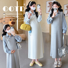 批发实拍2026春季新款孕妇大码假两件拼接条纹衬衣弹力刺绣针织连衣裙