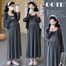 批发实拍2026春夏新款<b class='q'>孕妇</b><b class='q'>波点</b>蕾丝花边吊带背心裙＋灰色防晒开衫长袖