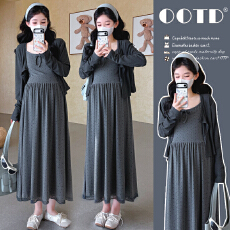 批发实拍2026春夏新款<b class='q'>孕妇</b><b class='q'>波点</b>蕾丝花边吊带背心裙＋灰色防晒开衫长袖