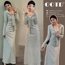 批发現2026春季新款<b class='q'>孕妇</b><b class='q'>条纹</b>假两件披肩收腰遮肉显瘦长裙<b class='q'>连衣裙</b>