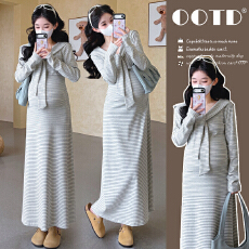 实拍現2026春季新款孕妇条纹假两件披肩收腰遮肉显瘦长裙连衣裙