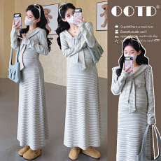 实拍現2026春季新款孕妇条纹假两件披肩收腰遮肉显瘦长裙连衣裙