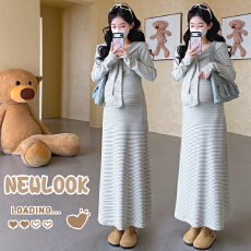 实拍現2026春季新款孕妇条纹假两件披肩收腰遮肉显瘦长裙连衣裙