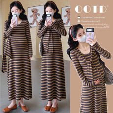 批发实拍現春季新款<b class='q'>孕妇</b><b class='q'>条纹</b>披肩收腰遮肉<b class='q'>显瘦</b>长裙连衣裙两件套