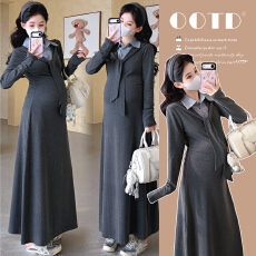 批发現2026春季新款<b class='q'>孕妇</b><b class='q'>衬衣</b>拼接假两件披肩收腰遮肉<b class='q'>显瘦</b>长裙连衣裙