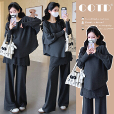 現货~2026春季新款孕妇针织蝙蝠衫拼接裙帘韩系松弛慵懒宽松套装