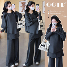 現货~2026春季新款孕妇针织蝙蝠衫拼接裙帘韩系松弛慵懒宽松套装