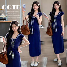 现~2026夏季新款孕妇圆领条纹披肩假两件显瘦收腰纯欲辣妹连衣裙