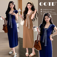 现~2026夏季新款孕妇圆领条纹披肩假两件显瘦收腰纯欲辣妹连衣裙