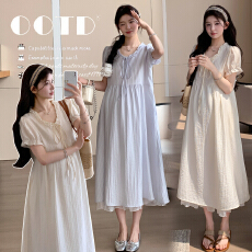 批发现~夏季新款孕妇莱赛尔小花边拼接下摆竖条肌理假两件甜美连衣裙