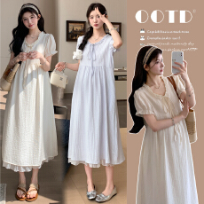 批发现~夏季新款孕妇莱赛尔小花边拼接下摆竖条肌理假两件甜美连衣裙