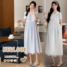 批发现~夏季新款孕妇莱赛尔小花边拼接下摆竖条肌理假两件甜美连衣裙