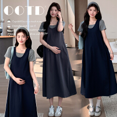 现~夏季新款孕妇背心连衣裙＋方领上衣两件套宽松遮肉大码套装