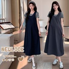 现~夏季新款孕妇背心连衣裙＋方领上衣两件套宽松遮肉大码套装