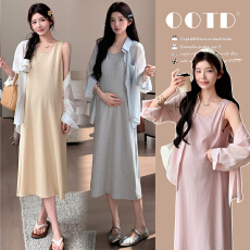 批发现~实拍孕妇夏季宽松遮肉条纹背心裙＋防晒衬衫套装显瘦宽松冰凉