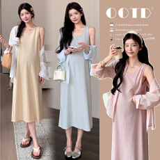 批发现~实拍孕妇夏季宽松遮肉条纹背心裙＋防晒衬衫套装显瘦宽松冰凉