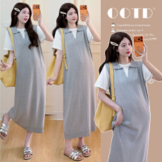 现~实拍2026孕妇夏季爆款假两件翻领休闲日常懒人针织冰丝孕妇裙