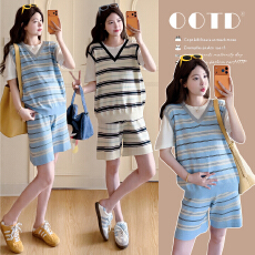 现~实拍2026夏孕妇针织条纹冰丝休闲运动套装假两件阔腿短裤套装