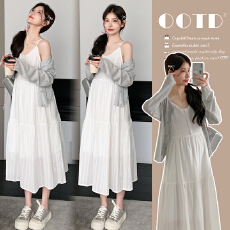 现~实拍2026夏季新款孕妇花边吊带连衣裙＋镂空针织防晒开衫