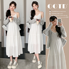 现~实拍2026夏季新款孕妇花边吊带连衣裙＋镂空针织防晒开衫