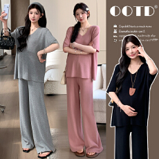 現货~夏季新款孕妇冰丝针织V领短袖上衣阔腿裤韩系慵懒宽松套装