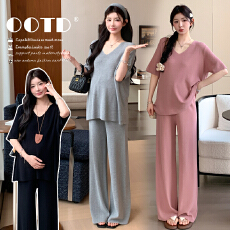 現货~夏季新款孕妇冰丝针织V领短袖上衣阔腿裤韩系慵懒宽松套装